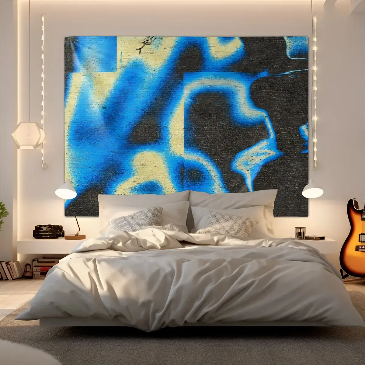 Multi-style tapestries including blue-black fluid graffiti designs. American retro street abstract wall hangings with HD prints, easy installation. Fit bedrooms, rental homes, studios, gaming rooms and more scenes.