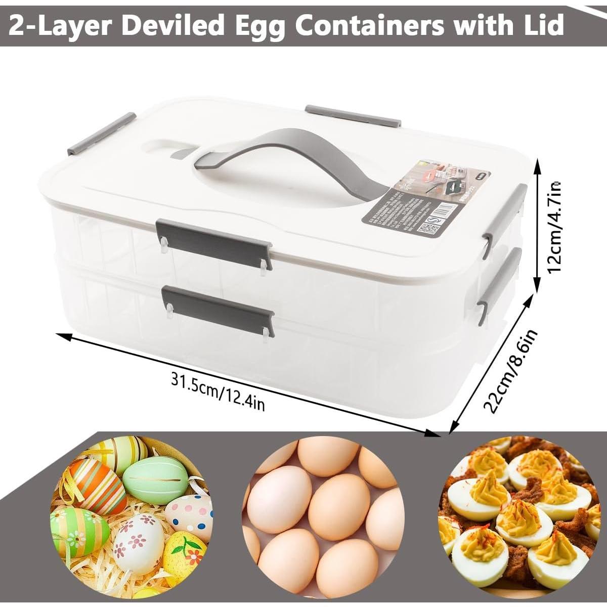 2 Layer Deviled Egg Containers with Lid, 36 Slots Deviled Egg Tray Carrier with Handle and Injector Piping Tool, Fridge Stackable Portable Clear Storage Egg Platter for Party Picnic Travel (white)
