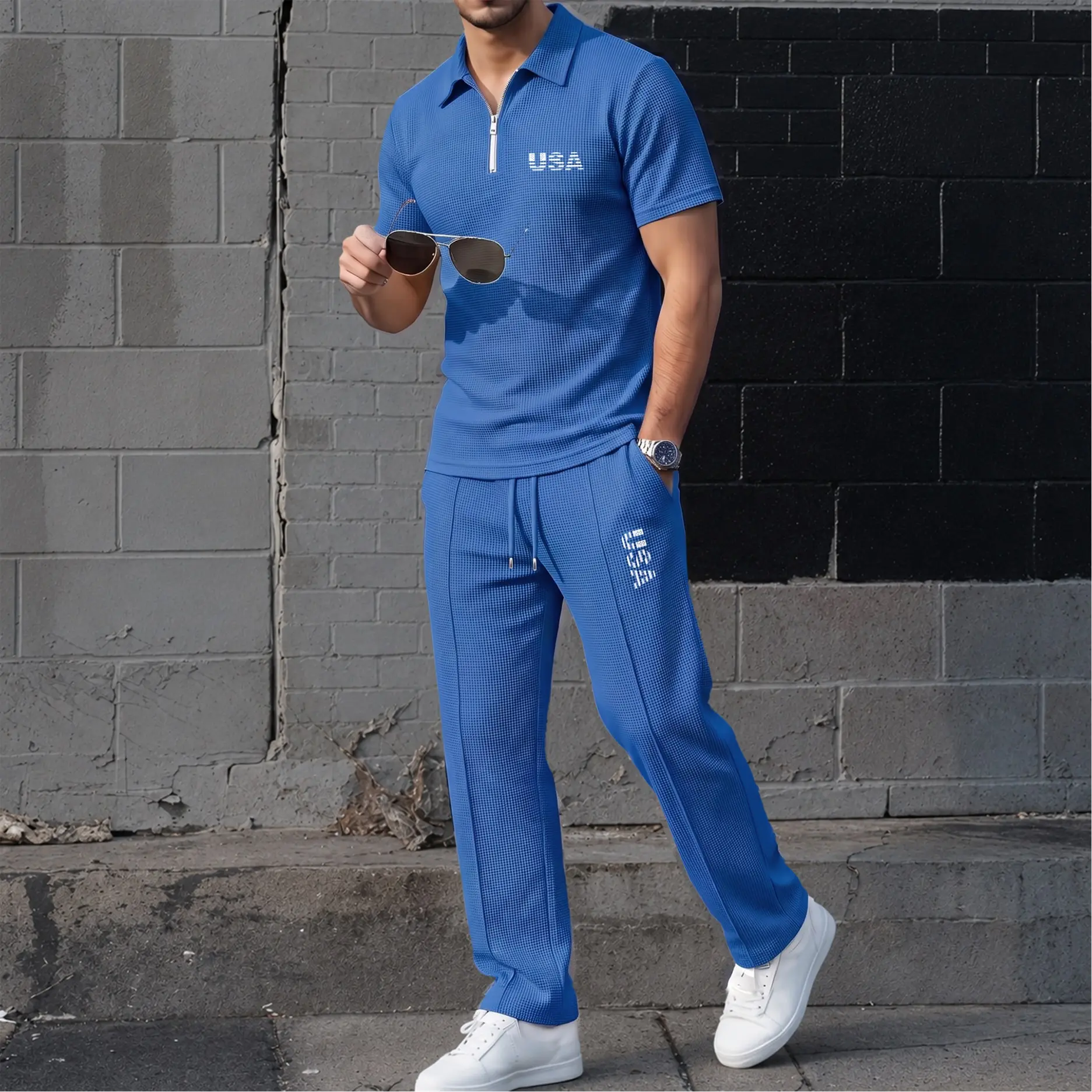 Men’s USA Letter Print Waffle Fabric Zip Collar Polo Shirt and Pants Set, Short Sleeve Polo Top with Matching Drawstring Trousers, Casual Two Piece Outfit