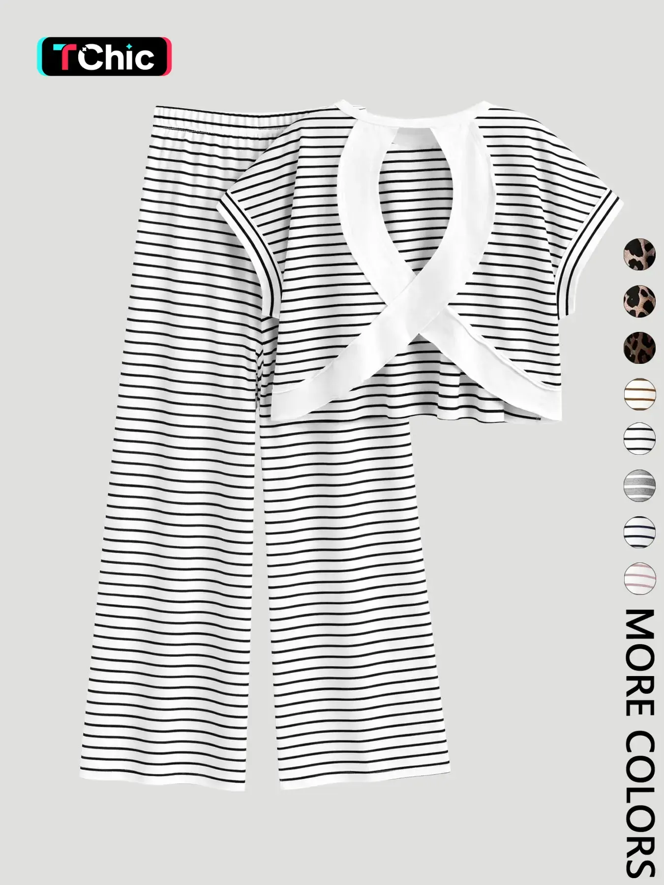 2-Piece Black & White Stripe Cross Back Crop Top & Wide Leg Pants Set - Soft Loungewear & Casual Outfit for Home and Daily Wear , Striped Cutout Top & Pants Matching Set - Ideal for Lounging, Casual Outings, and Brunch