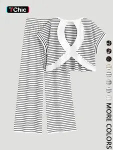 2-Piece Black & White Stripe Cross Back Crop Top & High Waist Wide Leg Pants Set - Soft Loungewear & Casual Outfit for Home and Daily Wear , Striped Cutout Top & Pants Matching Set - Ideal for Lounging, Casual Outings, and Brunch