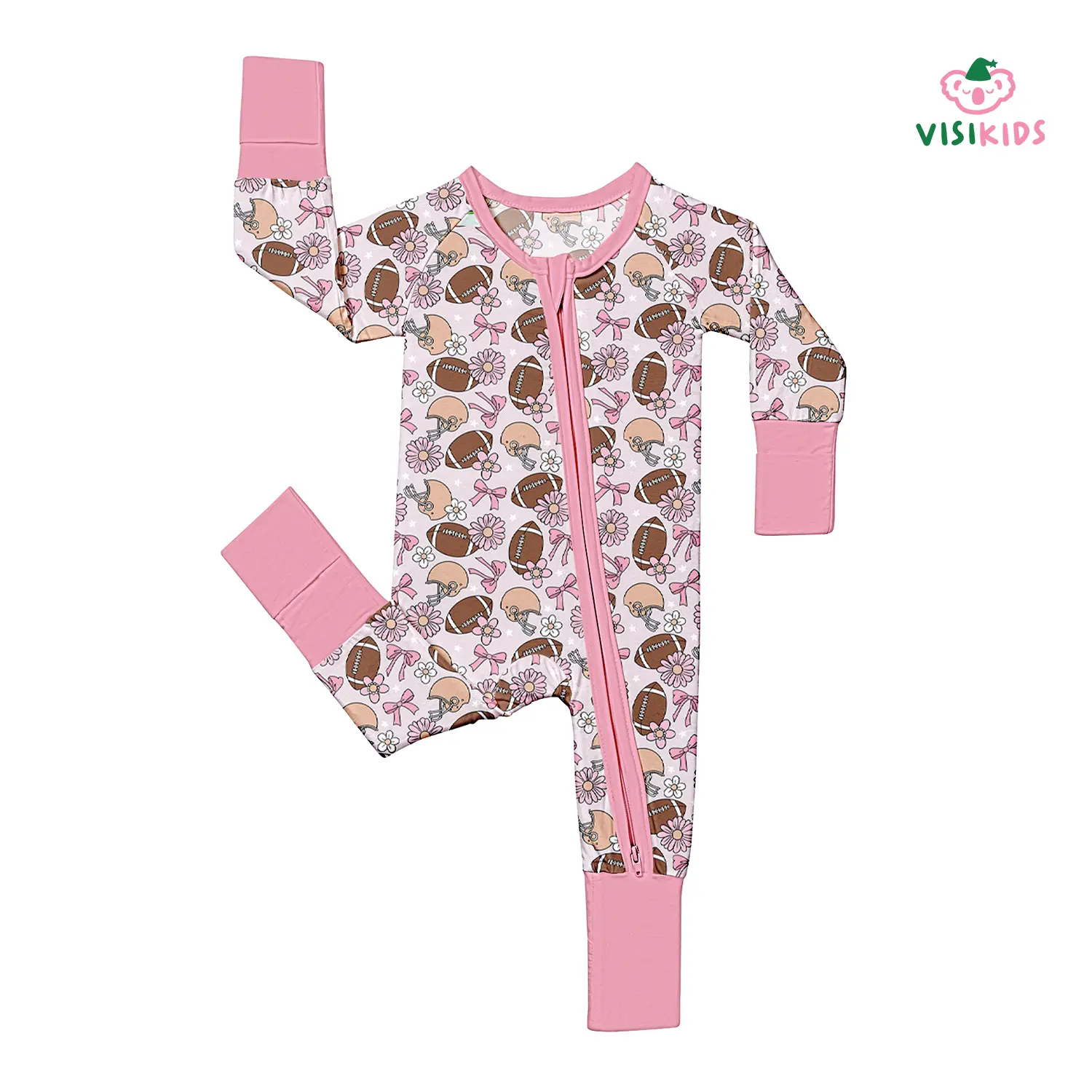 VISIKIDS Baby Bamboo Viscose Pink Football Print Long Sleeve 2-Way Zip Romper, Soft One-Piece Sleepwear Pajamas for Newborn Infant Girls 0-24M