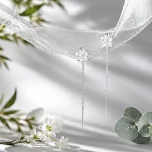 Dainty Flower Threader Earrings, S925 Silver Plated Five-Petal Floral Drop Earrings with Tassel Chain, Lightweight Hypoallergenic Earrings for Women, Elegant Everyday & Party Jewelry Gift