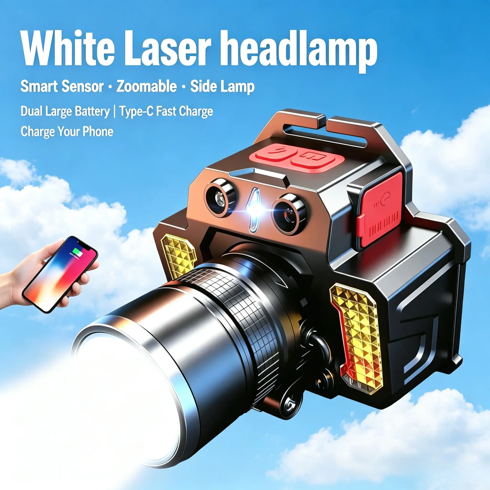 Rechargeable LED Headlamp with RGB Color Filters, Long Range Zoomable Headlight with Motion Sensor & Side Light, USB-C Charging Power Bank, 180 Degree Adjustable Head Flashlight for Camping Hiking Fishing