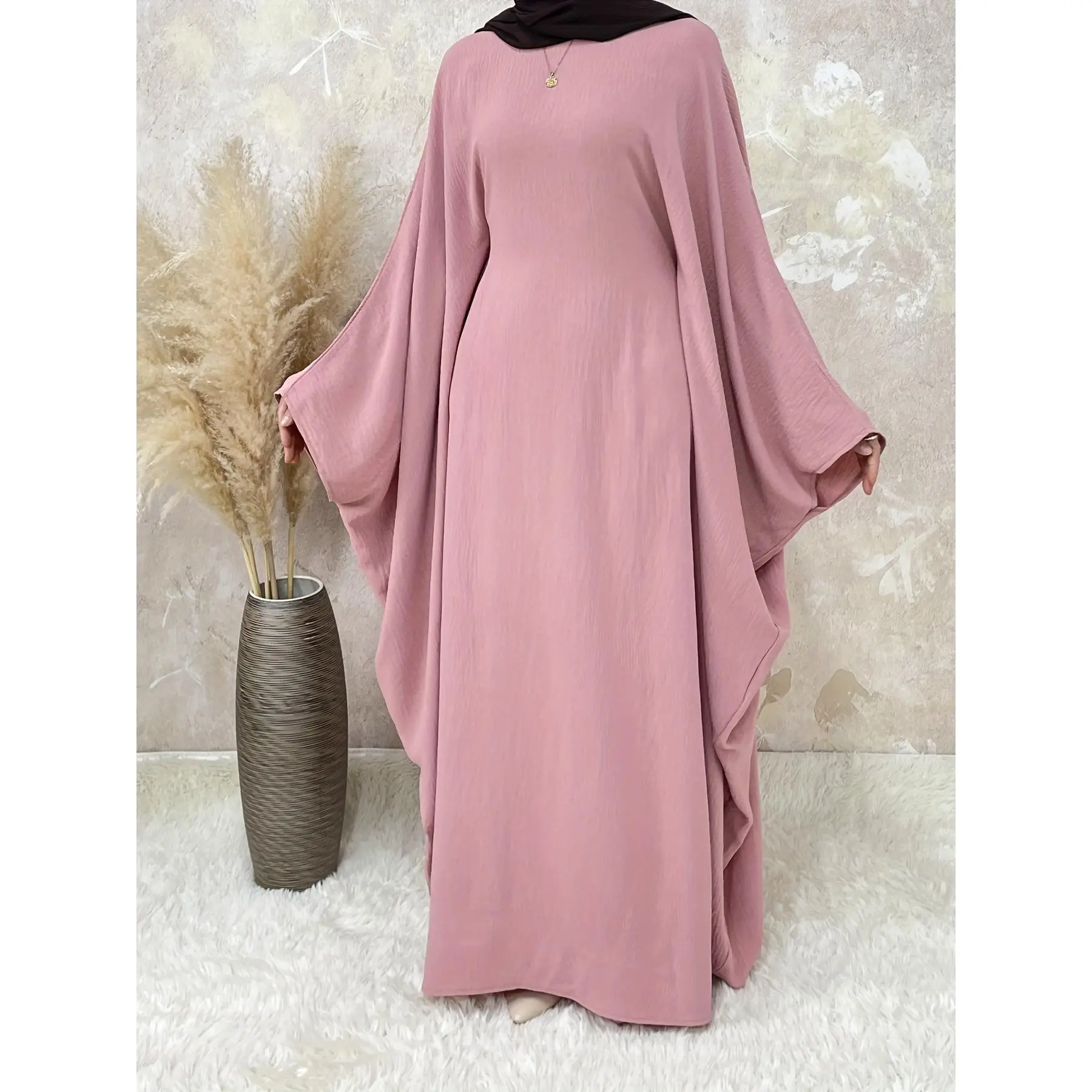 Women's Batwing Sleeve Abaya, Solid Color Woven Polyester Robe with Belt, Loose Fit Full Coverage All-Season Modest Wear, Woven Fabric, Long Sleeve Dresses, Plain, Cold Wash, All Seasons, Dry Clean, No Elasticity