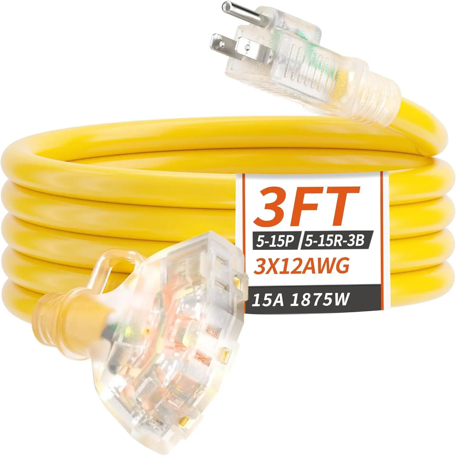 PlugSaf 3 FT 12/3 Gauge Outdoor Extension Cord with Multiple Outlets Light Indicator, Flexible 3 Outlet Weatherproof Heavy Duty Extension Cord Waterproof Yellow, 15A 1875W 12AWG SJTW, ETL Listed