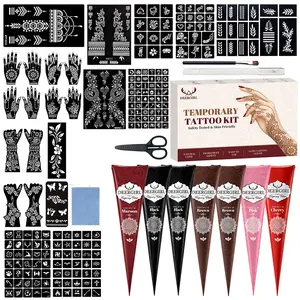Deergirl Henna Temporary Tattoo Kit, 7 Colors Natural Henna Cones with 200+ Reusable Henna Stencils, Professional Temporary Mehndi Tattoo Supplies for Women, DIY Hand Body Art Tattoo Sticker Set for Festival Wedding Party