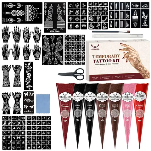 DIY hand & body henna tattoo gift set, Henna Designs, with multi-hue natural henna cones and 200+ recyclable hollow stencils, works for nail decoration and full body temporary tattoos, gift for weddings, festivals and party painting