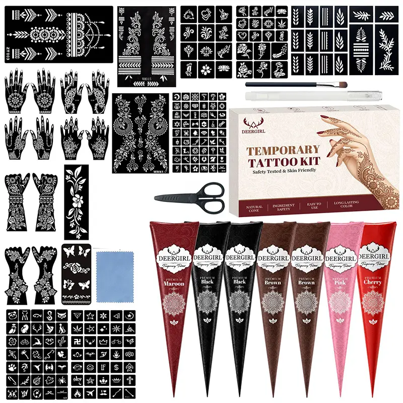 Deergirl Henna Temporary Tattoo Kit, 7 Colors Natural Henna Cones with 200+ Reusable Henna Stencils, Professional Temporary Mehndi Tattoo Supplies for Women, DIY Hand Body Art Tattoo Sticker Set for Festival Wedding Party