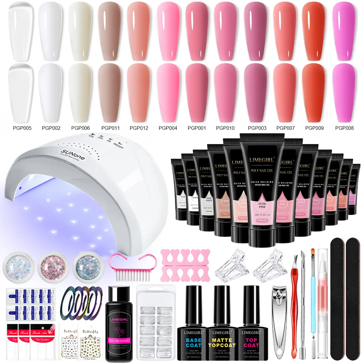 Limegirl Poly Nail Gel Extension Kit, 1 Set Gel with 48W UV Lamp, 100Pcs Nail Extension Tips Nail StrengthenerBuilder with Soak-Off UV Gel, Nail Art Manicure Salon Set, Nails Kit Set, for Beginners, Gift for Women manicure lover
