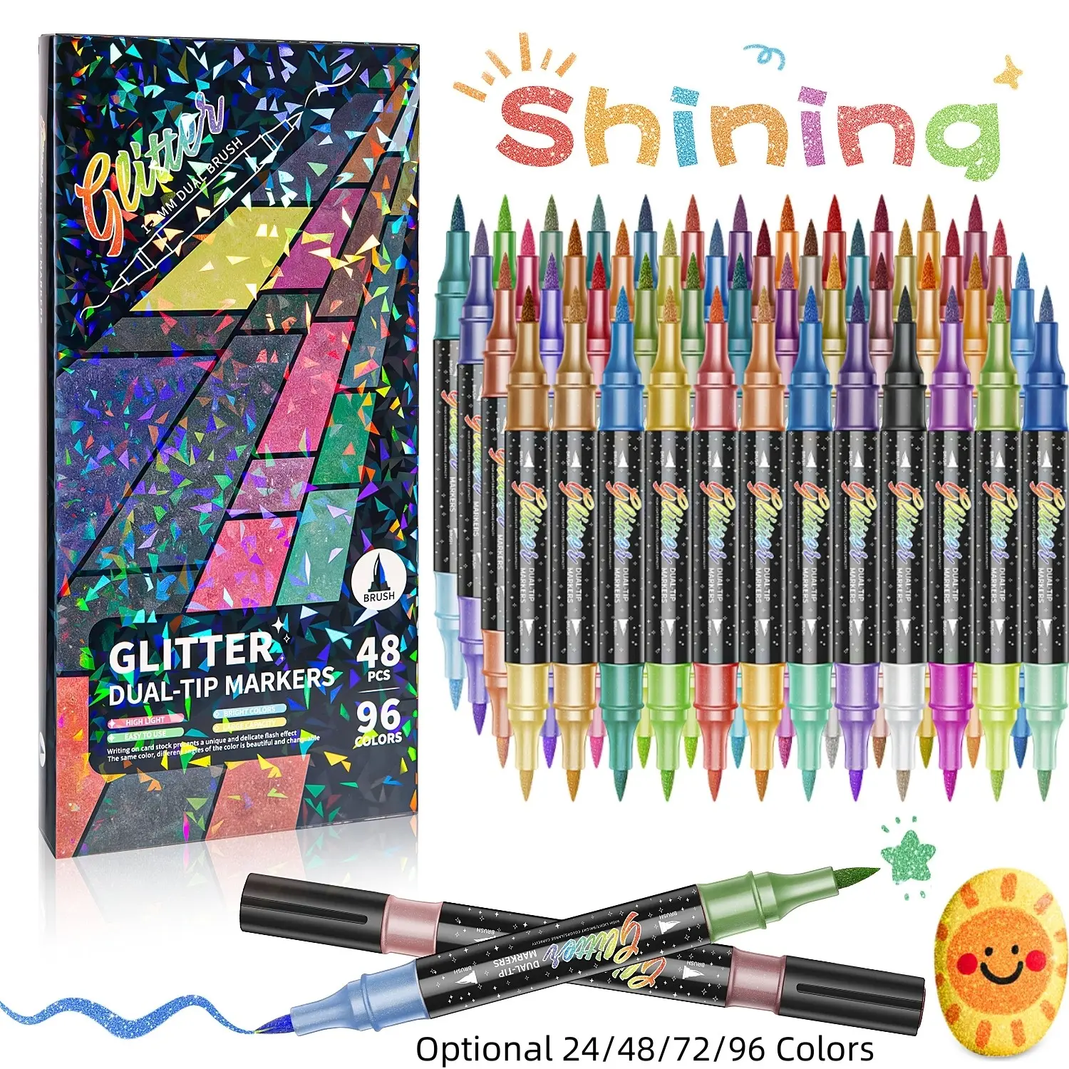 24/48/72/96 Colors Glitter Effect Brush Markers, Dual Tip Dual Color 1-5mm Soft Brush Shimmer Marker for Doodle Writing, Glitter Art Crafts Adults DIY Crafts Greeting Birthday Cards Making, Marker Calligraphy, Art Supplies