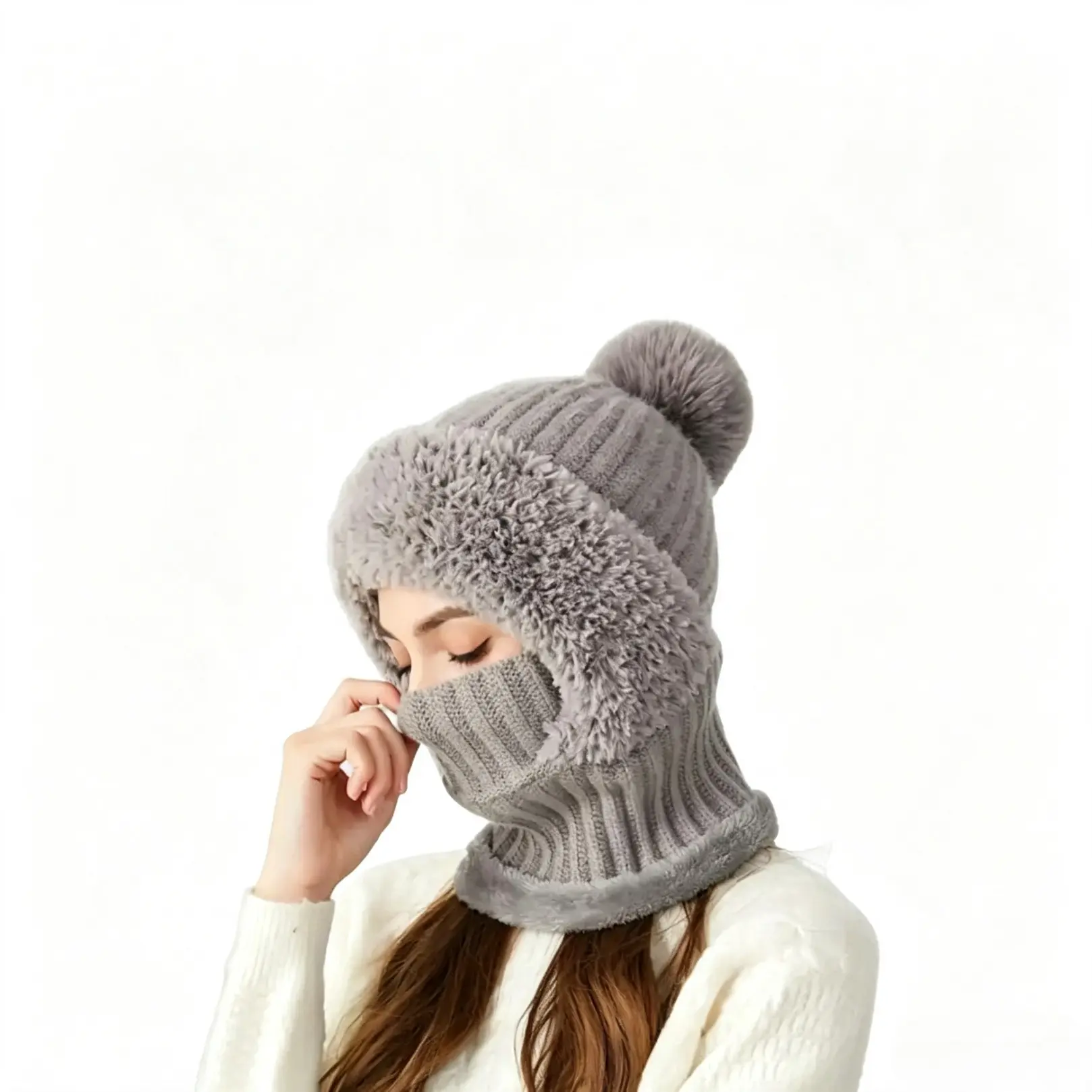 Women's Solid‑Color Thick Yarn Bunny Beanie Hat, Pom‑Pom Furry Decor, Soft Warm Animal Style Headwear, Cute Fashion Accessory For Fall And Winter Daily Outdoor Wear