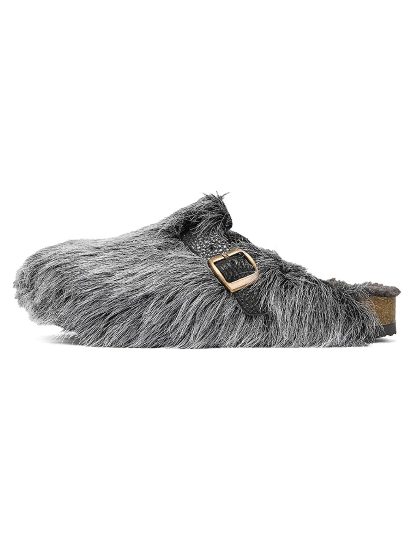 Luxury Plush Slip-On Sandals, Vintage Bronze Adjustable Buckle, Faux Fur Upper, PVC Sole, Fall Winter Footwear for Couples