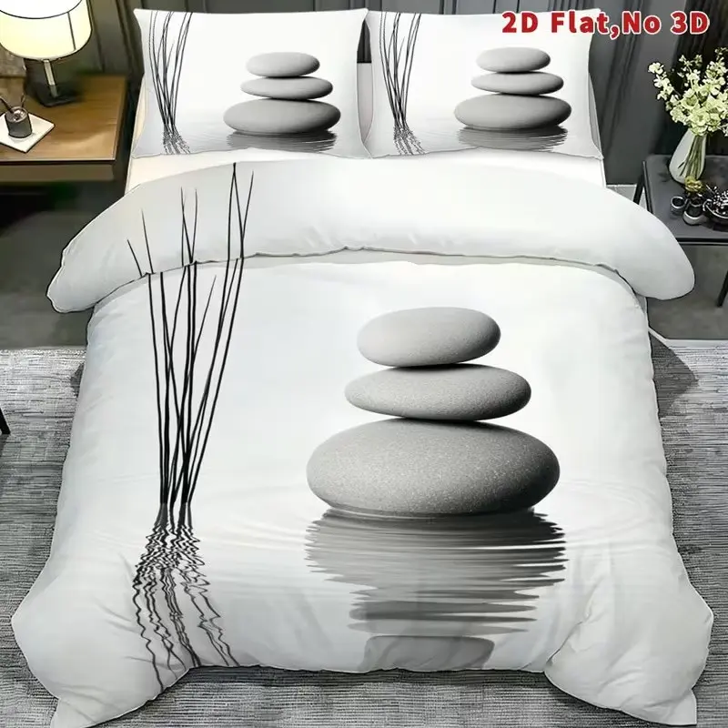 Zen Stone Reeds Print Bedding Set, 1 Duvet Cover + 2 Pillowcases, High-Definition Printing, Home & Dormitory Bed Linen