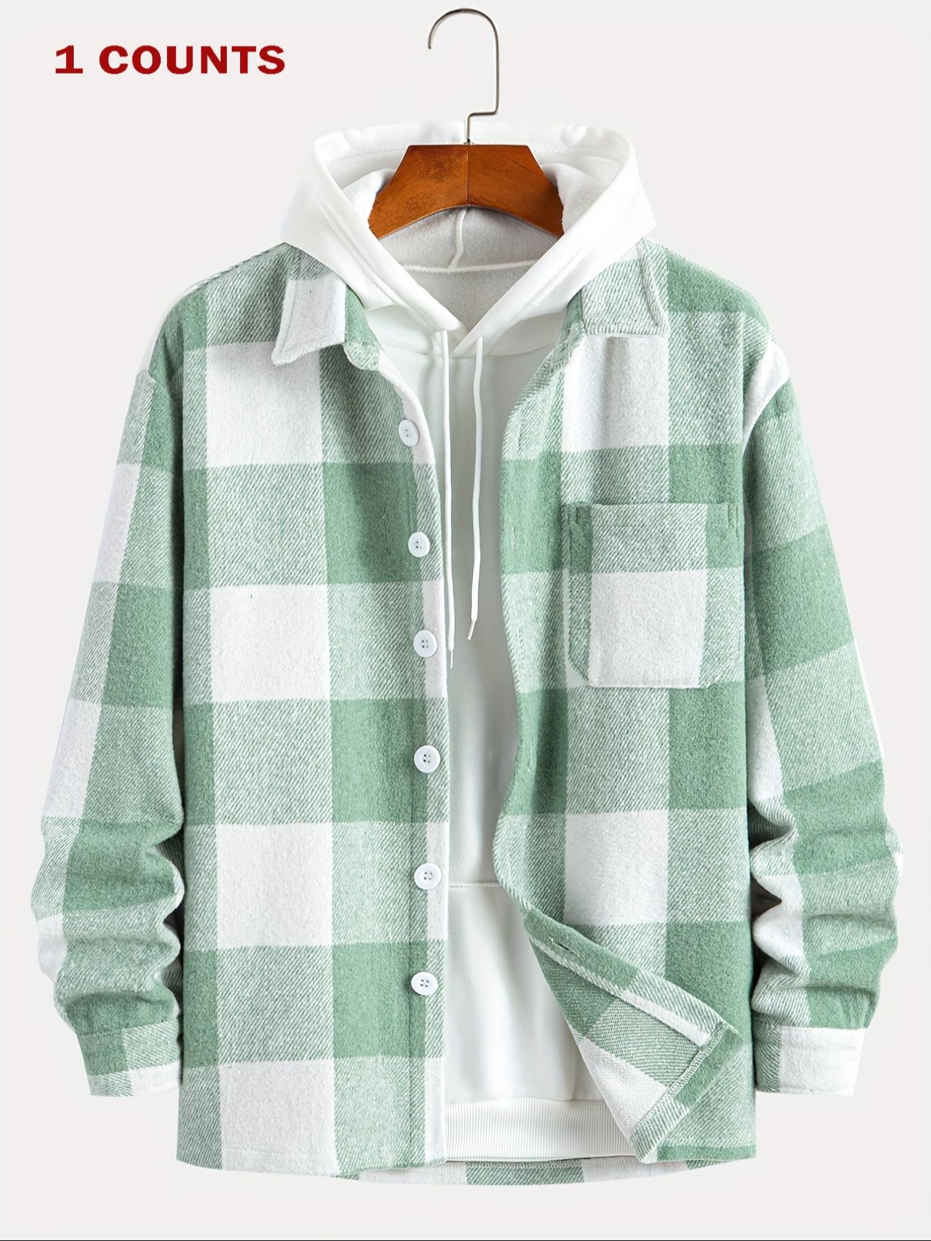 Men's Plaid Print Checked Button Front Collared Jacket without Hoodie, Loose Casual Drop Shoulder Long Sleeve Collar Outerwear for Fall & Winter, Men's Clothes for Daily Wear, Menswear