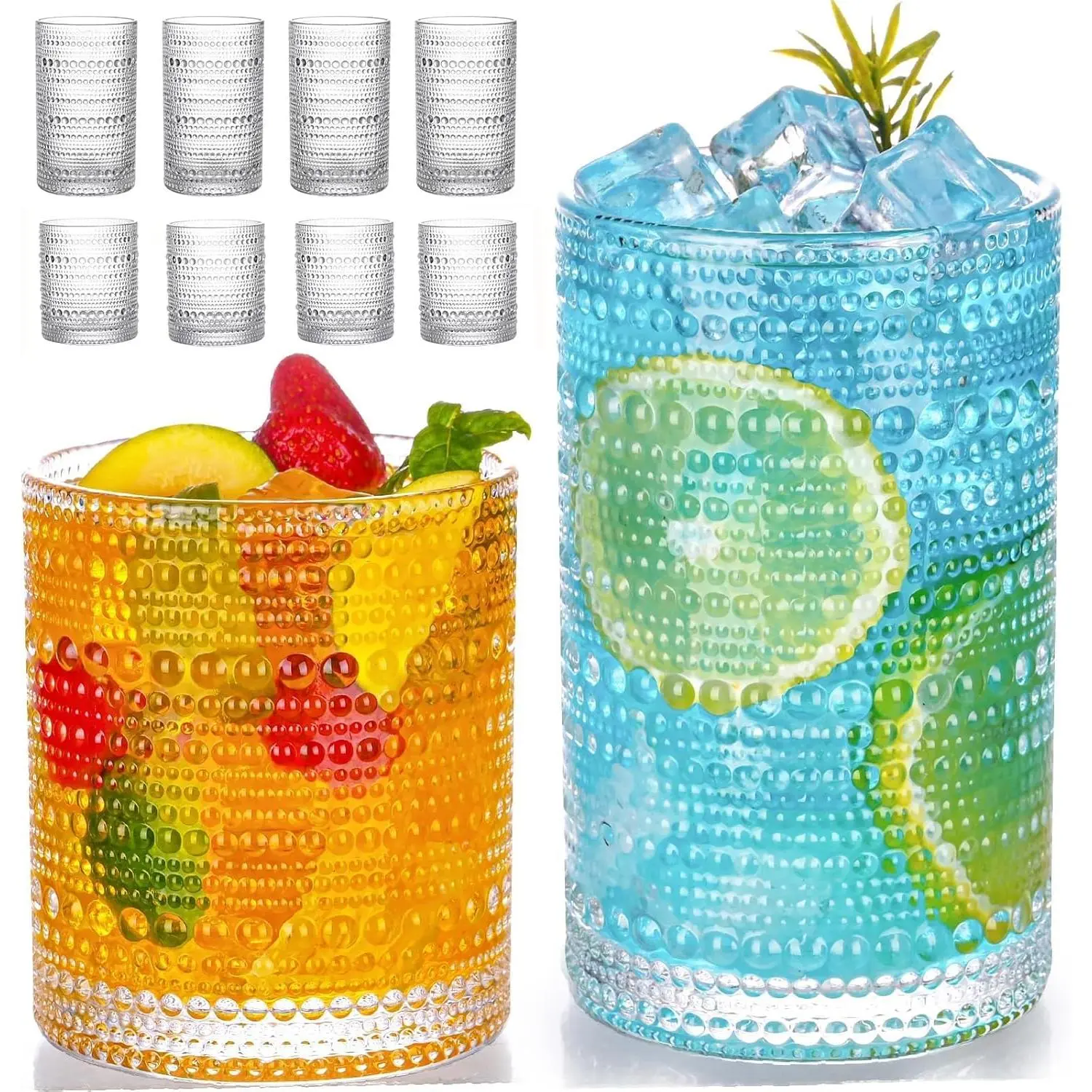 Hobnail Drinking Glasses Set of 8, 12 oz Highball Glasses & 10 oz Cocktail Glasses, Embossed Vintage Kitchen Glassware, Dishwasher Safe Glasses Drinking Set for Whiskey, Juice, Cocktails, Beer