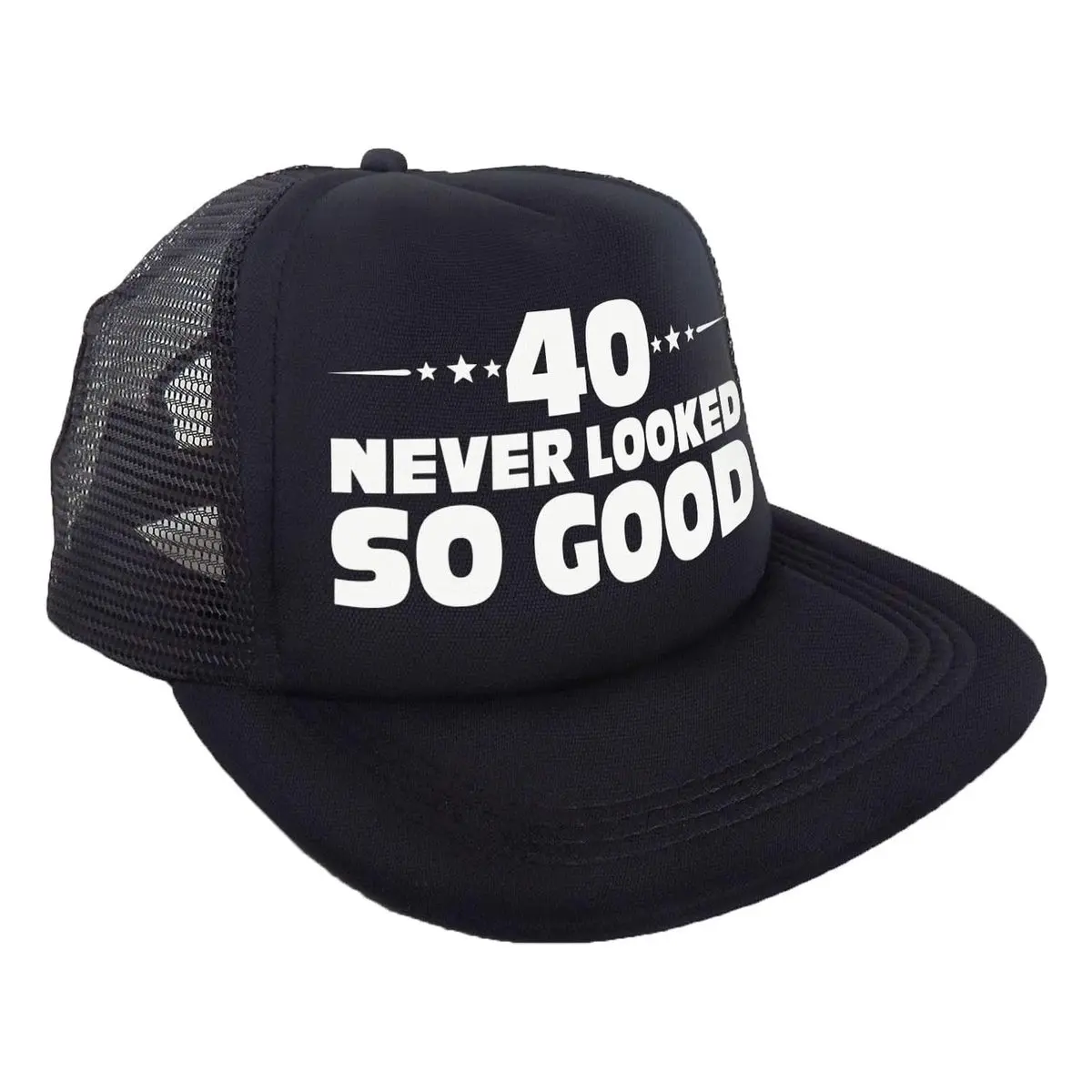 40th Birthday Trucker Hat - Polyester Snapback, Adjustable Mesh Casual Baseball Cap, Bold Text "40 Never Looked So Good" Design, Party Favor Gift for Adults, Structured Front Festive Party Accessory, Fits Most Adult Head Sizes, Mix and Match Novelty