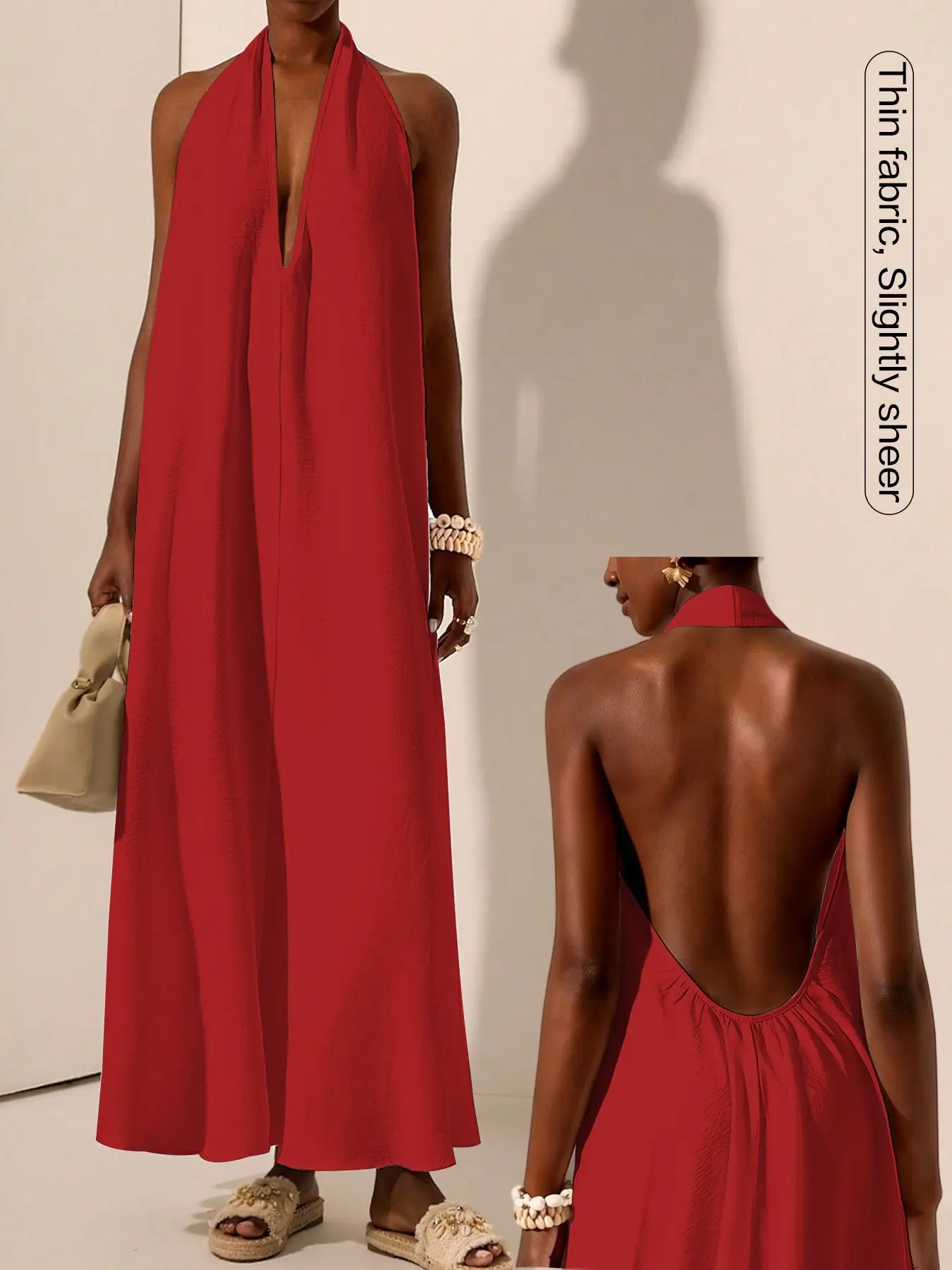 2026 Women's Summer Casual Wear Solid V-Neck Backless Dress, Fashion Vacation Style Dress, Elegant and Comfortable Design, Backless Plunge Neck