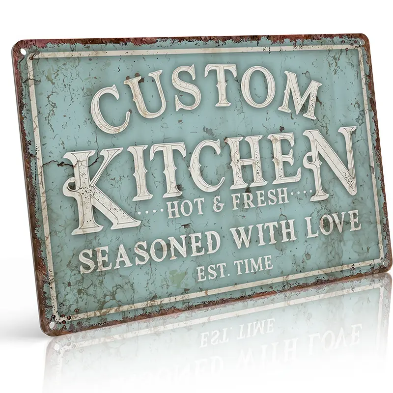 Custom Name Kitchen Metal Sign, 8×12 Inch Aluminum Distressed Vintage Teal Rustic Style, Waterproof Rust-Proof Kitchen Wall Decor Gift, bedroom decor, room decorations, wall decor, house decor, wall art, vintage home decor, porch decor, home decor wall ar