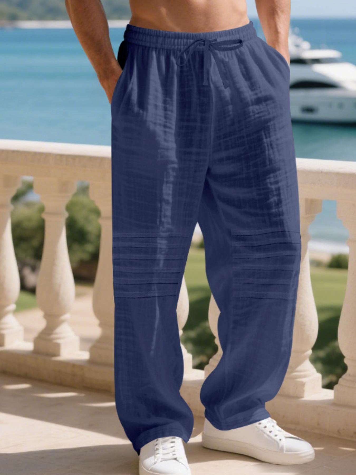 Men's American Style Loose Pleated Linen Pants, Casual Loose Fit with Pockets, Spring & Fall Beach Vacation Lightweight Long Pants