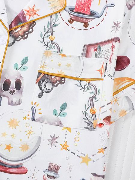 2 pieces of women's Halloween witch hat skull crystal ball butterfly print short sleeved shorts comfortable lapel pajama set knitted top pocket elastic waistband suitable for all seasons casual classic home wear