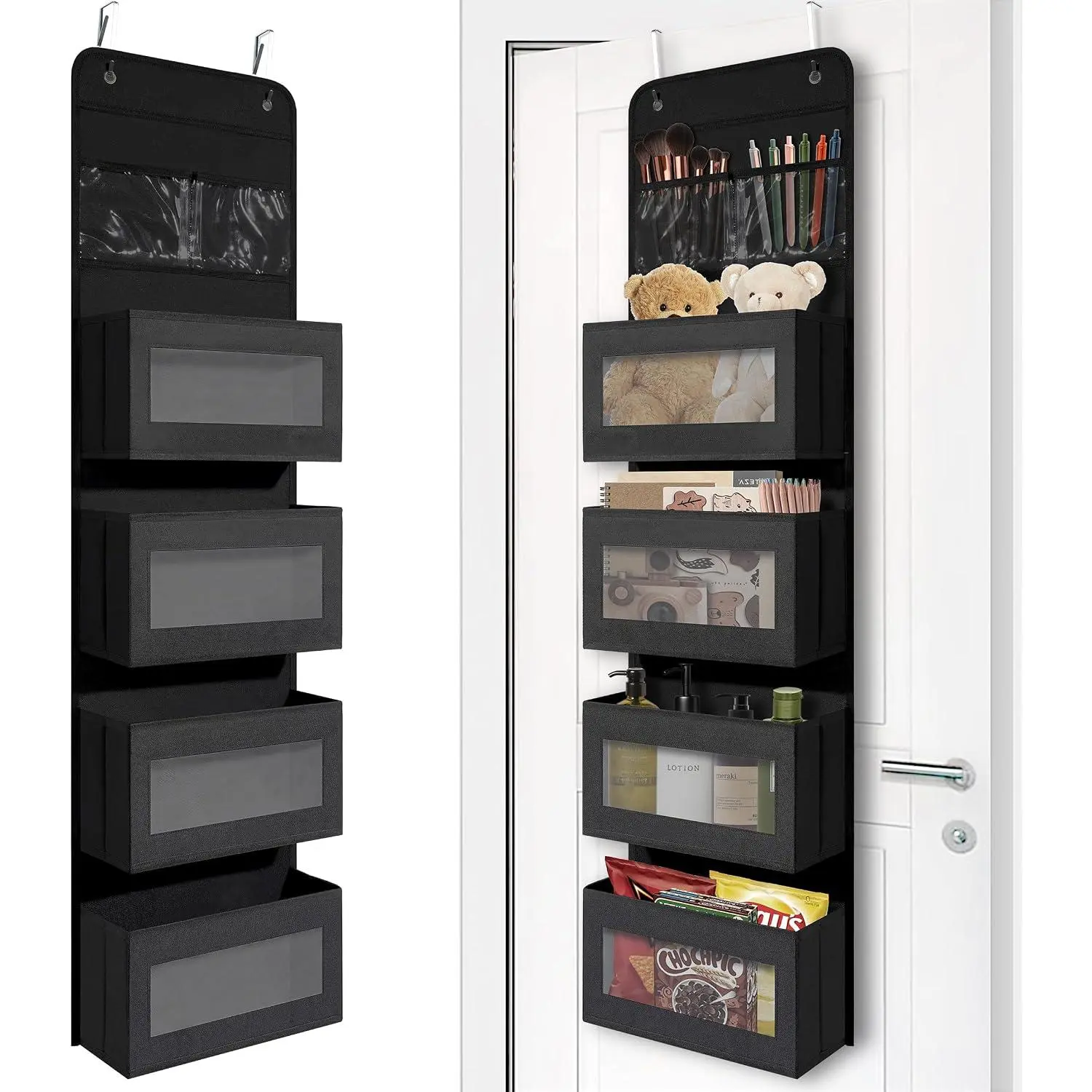 Black Over Door Organizer with 4 Large Clear Pockets, Hanging Door Storage for Closet, Bathroom, Bedroom, Dorm, Nursery, Toys, Toiletries, Cosmetics
