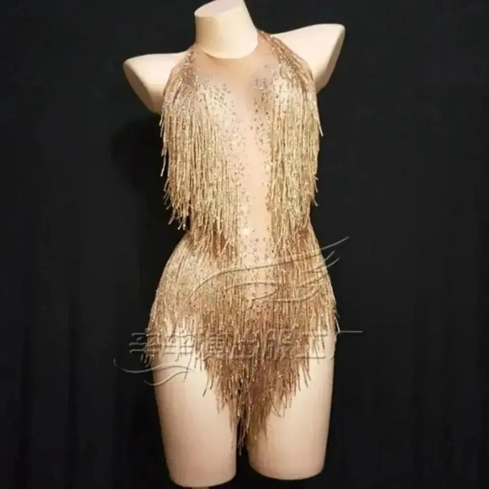 WomenVightclub Party Dance Costume Stage Wear SexyTassel Leotard Performance Clothing Sparkly Rhinestones Fringe Bodysuit