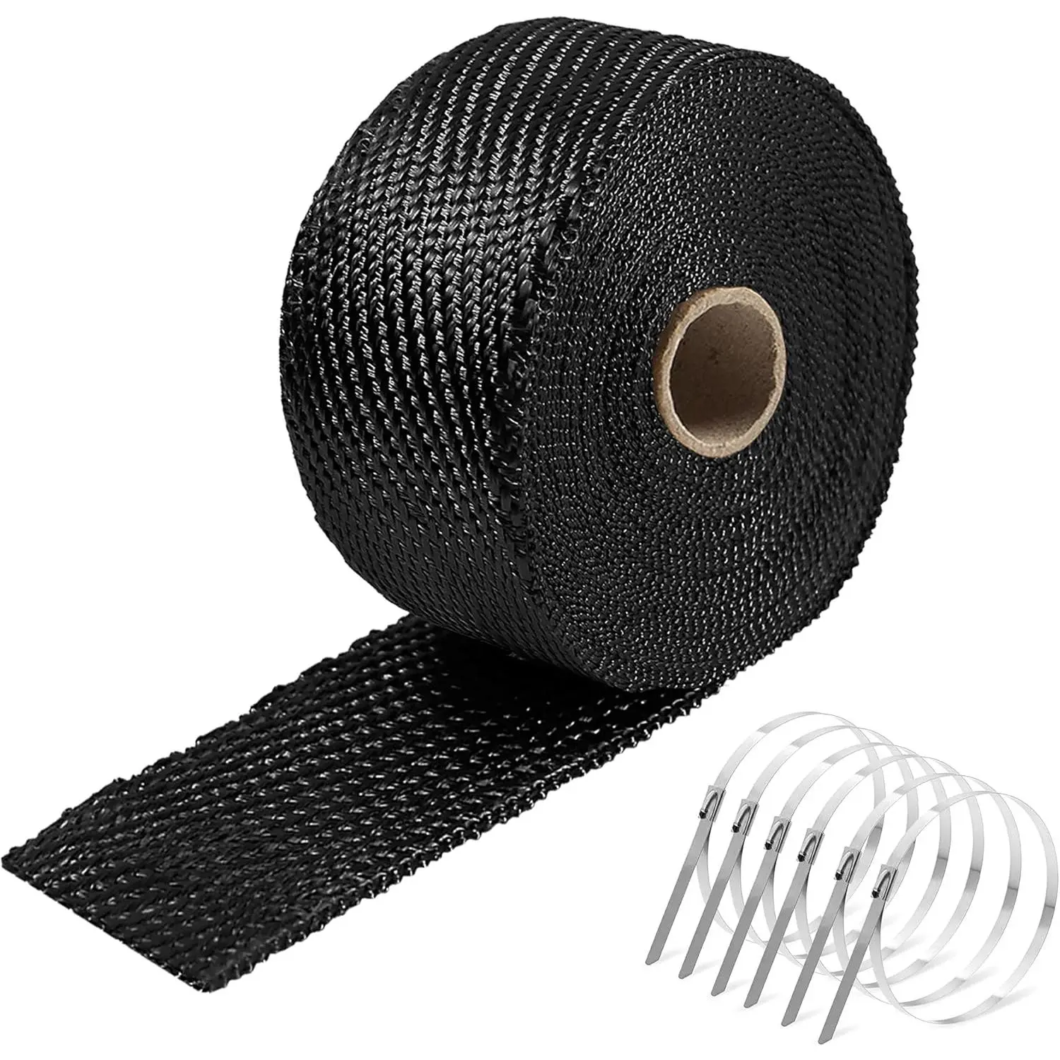 2" x 16ft Exhaust Heat Wrap Tape - Abrasion-Resistant 1400°F High-Temp Fiberglass Thermal Shield, 6 Pieces Stainless Ties, Thermal Insulation for Motorcycle Pipes, Automotive Systems (Black 2''x16')