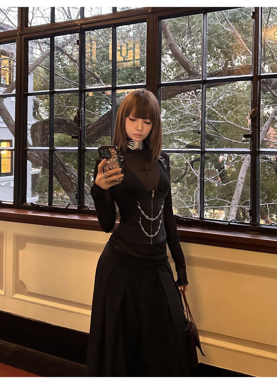 Autumn Gothic Spicy Girl Elegant Shirts Women  Zipper Design Vest + Retro Harajuku Blouse Female Chic Korean Popular Clothes