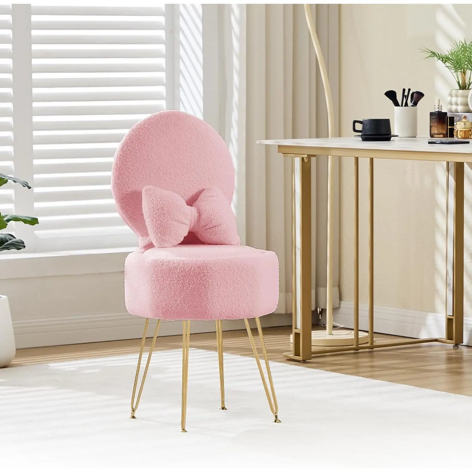 Vanity Stool Chair with Storage & Folding Back, 15.7" x 15.7" x 33.5" Sherpa Fleece Vanity Chair with Pillow and Metal Legs, Comfy Storage Ottoman, Accent Chairs for Makeup Bedroom Living Room