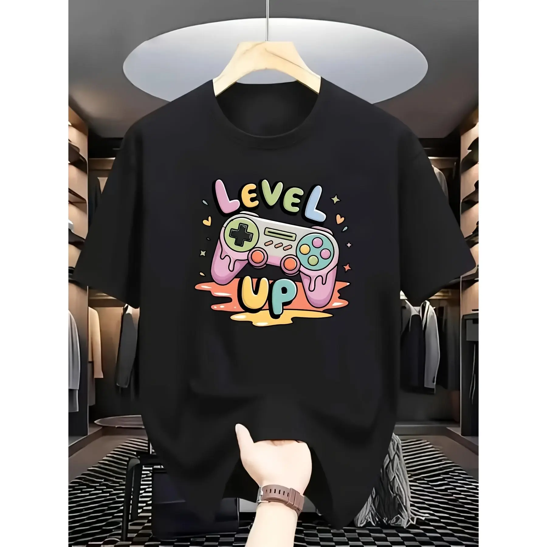 ' Retro Gaming "LEVEL UP" T-Shirt - Casual Short Sleeve Tee with Iconic Video Game Text & Stars, Machine Washable Summer Top Suitable for Gaming Events & Casual Attire (' Fashion)