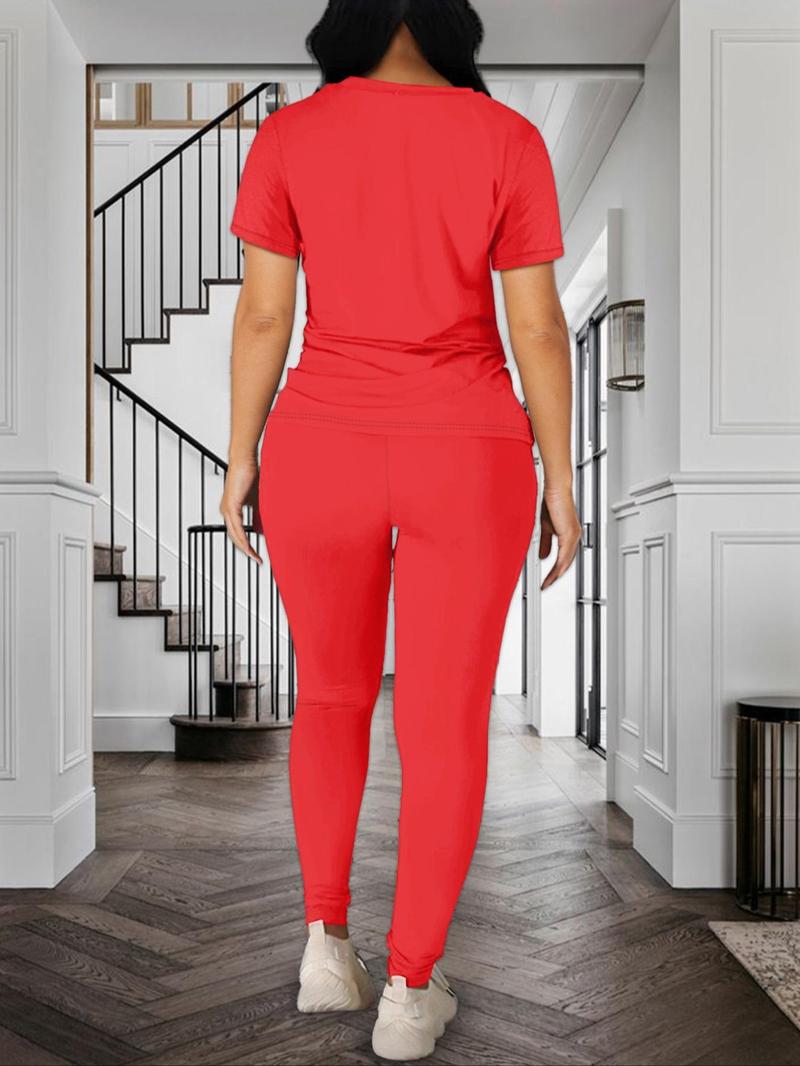 Women's Solid Color Round Neck Tee & Leggings Set, Summer Clothes, Short Sleeve T-shirt & Skinny Pants, Summer Clothes for Daily Wear