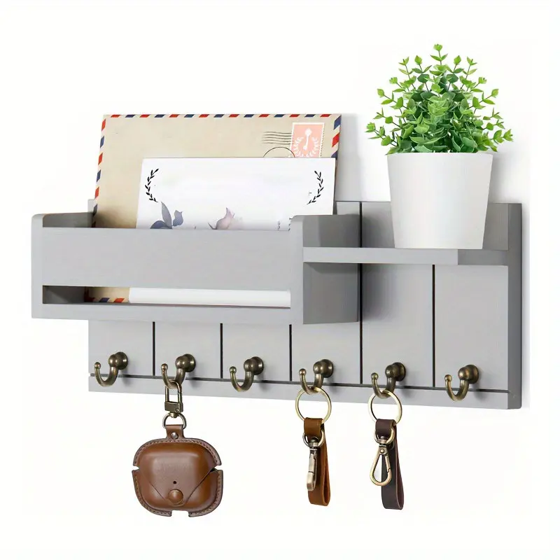 Wall-Mounted Storage Rack, Wooden Wall Organizer with 7 Hooks, Mailbox, Key Eyewear Earphone Holder, Home Room Decor, Aesthetic Design, Hanging, Wooden Shelf for Wall