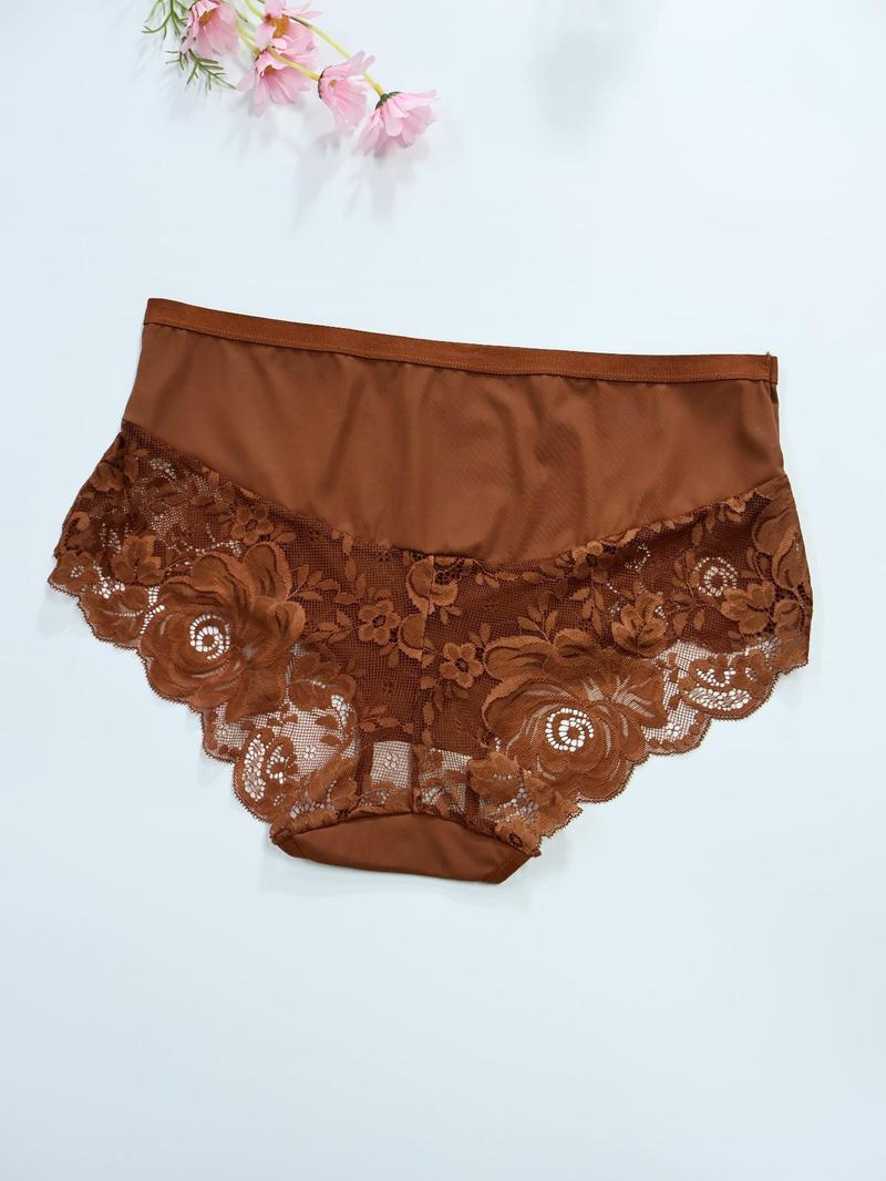 Plus Size Contrast Lace Brief, Breathable Comfortable Knicker for Daily Wear, Women's Underwear for All Seasons, Contrast Lace Panties