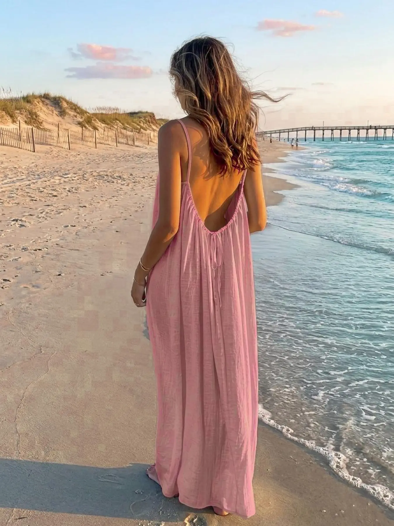 F5084 Minimalist Seaside Travel Long Dress, Thin Camisole Straps Backless Cutout, Flimsy Air Beach Wrap, Premium Soft Life Relaxed Wear for Vacation Journeys & Everyday Casual Looks.