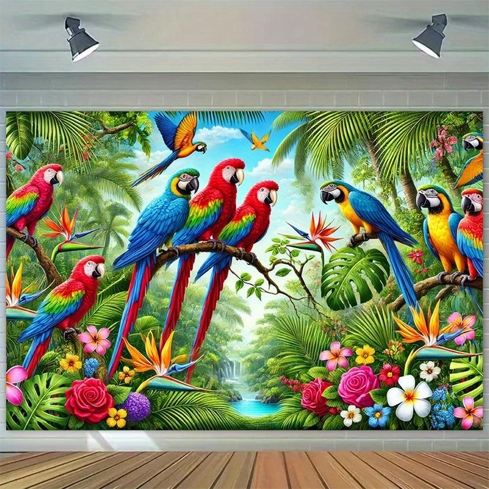 Vibrant Parrot Print Tropical Rainforest Photography Backdrop, Durable Polyester Tapestry for Birthday Party Decor, Indoor-Outdoor Event Props, Studio Use (No Electricity Needed),summervibes