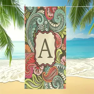 Letter A-Z Vintage Colorful Paisley Monogram Pool Towel, Foldable Camping Towel, Soft Skin-friendly Beach Wrap, 100% Microfiber, High Absorbent Lightweight, for Personalized Summer Vacation, Outdoor Camping & Seaside Resort Relax