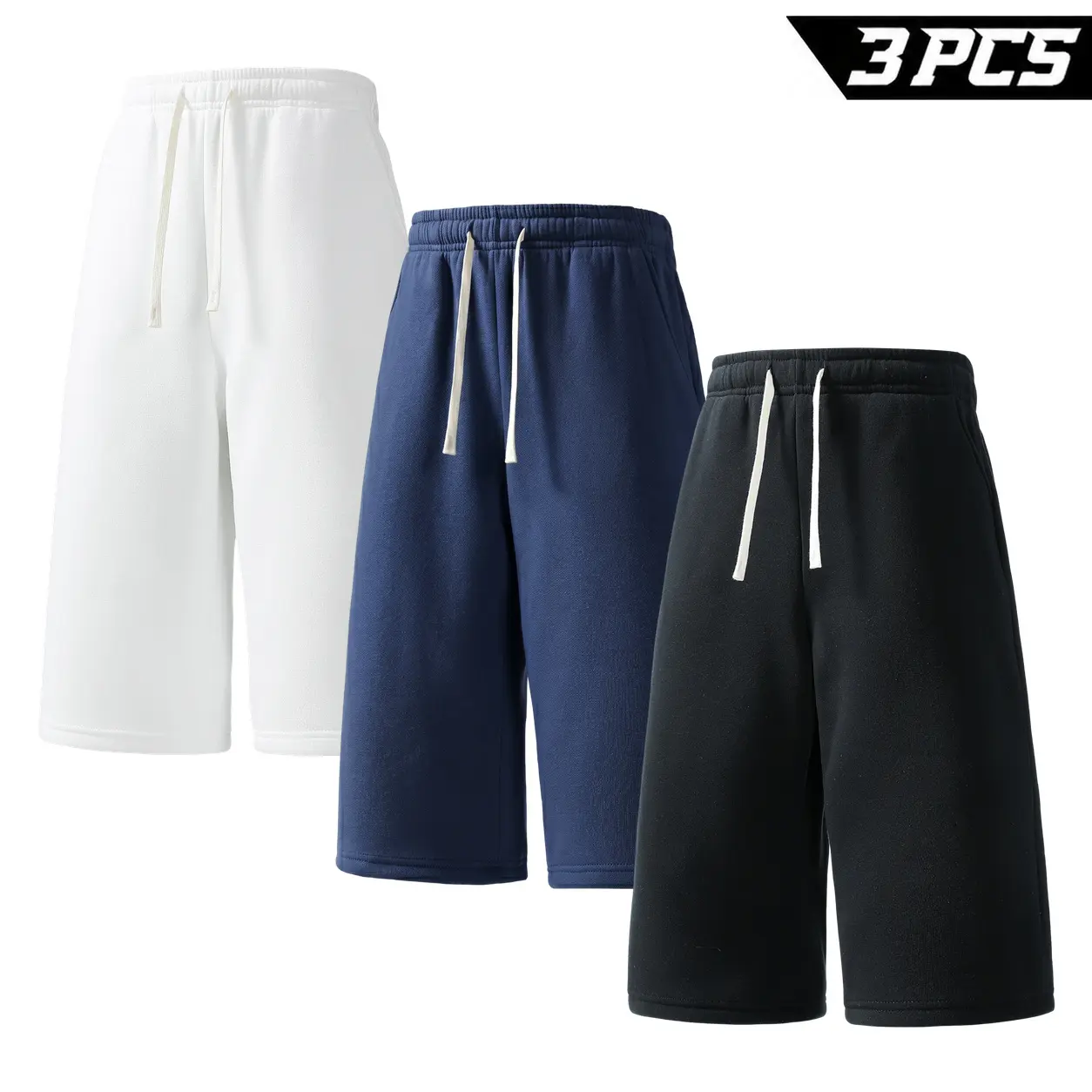 Men's 3-Piece Drawstring Shorts Bundle, Assorted Colors, Comfortable Elastic Waist, Straight-Leg Above-Knee Sweat Shorts with Side Pockets for Gym and Travel