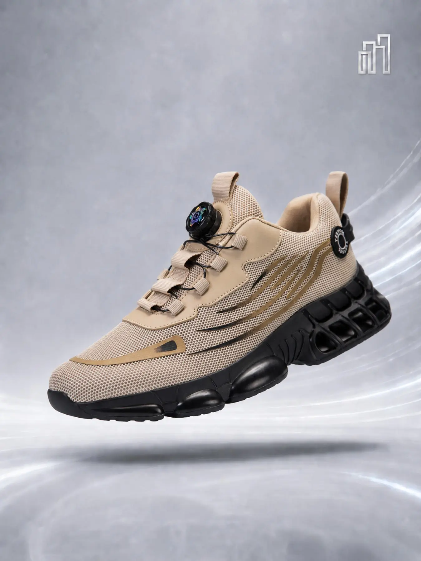 [Dn. Monkeys] Men's Auto Button Flyknit Sporty Running Shoes, Shock Absorbing Thick Sole Dad Sneakers, Breathable Lightweight Anti-Slip Sports Casual Shoes