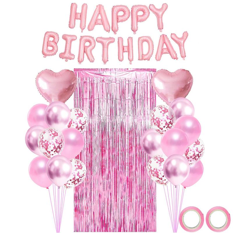 Happy Birthday Party Decoration Set, Including Happy Birthday Letter Balloon, Heart Balloon, Mixed Color Decorative Metallic Balloon, Ribbon & Metallic Tassel Curtain