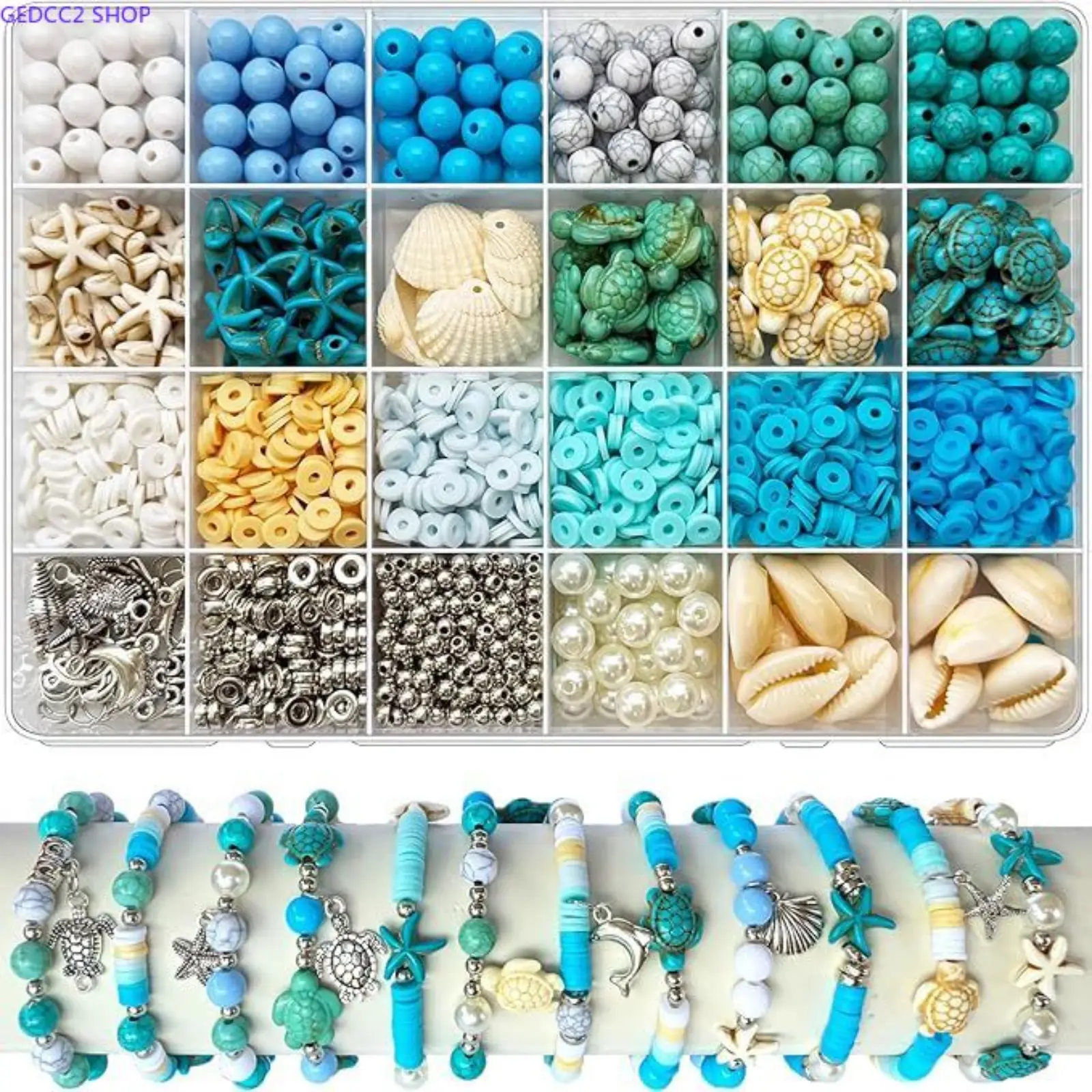 Ocean Theme Bracelet Making Kit, Blue & White Beads with Shell and Starfish Charms, DIY Jewelry Making Supplies for Summer Crafts