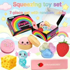 7 Pack Random Color Sensory Squeeze Toy Set, Soft Stress Relief Fidgets with Rainbow Gift Box, Cute Food & Animal Toys for Kids Adults Party Favors