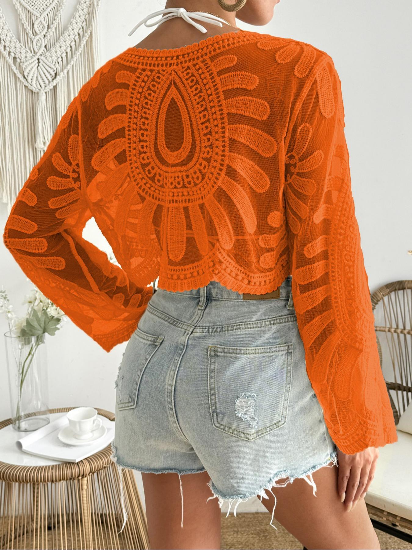 Women's Floral-Embroidered Semi-sheer Cover-Up with Scallop Trim, Casual Long Sleeve Round Neck Cover-Up for Beach Vacation, Ladies' Beachwear for All Seasons