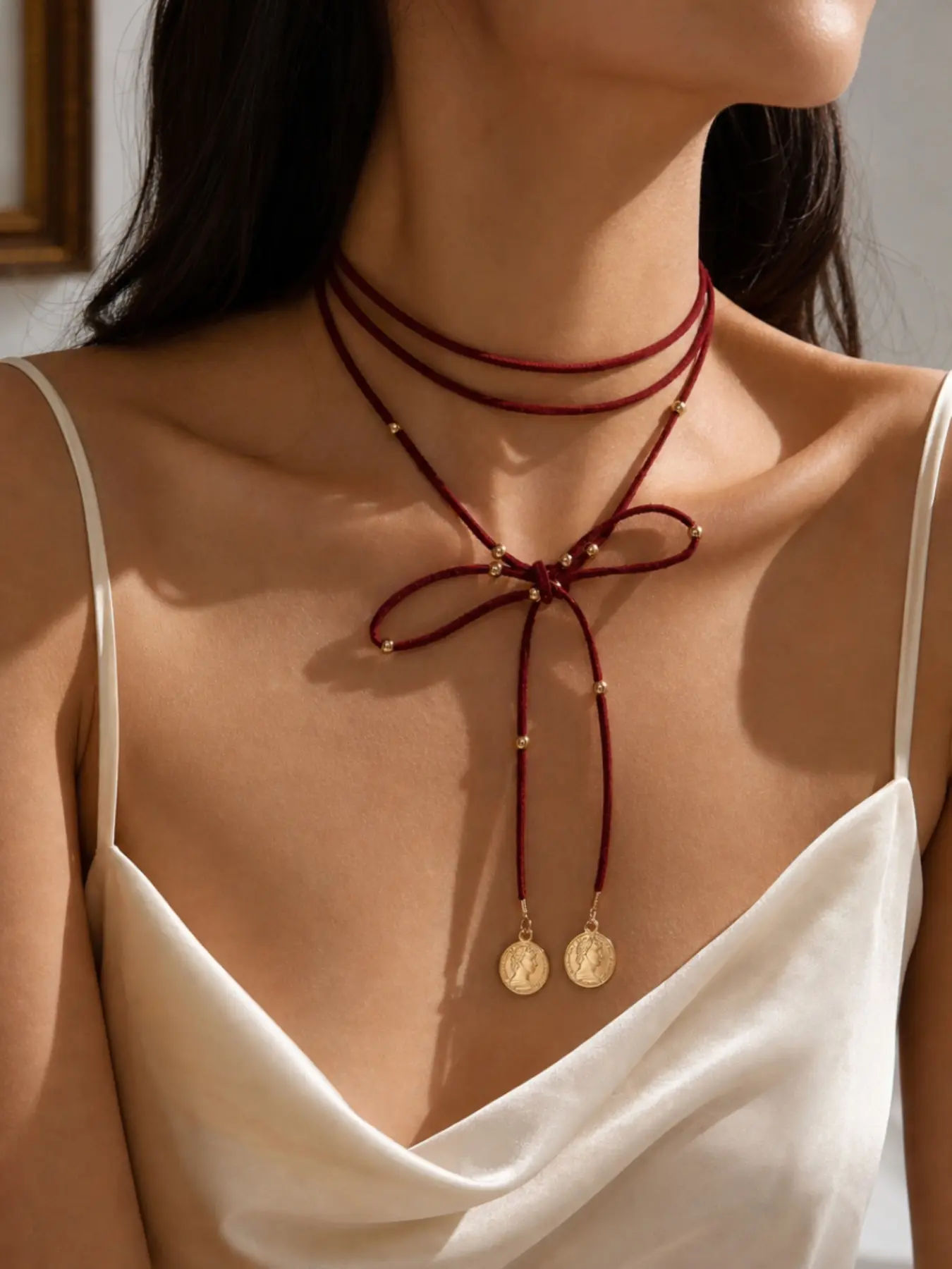Elegant Red Long Pendant Necklace with Vintage Coin Charm and Bow Detail Inspired by Audrey Hepburn French Retro Style Sweater Chain for Women