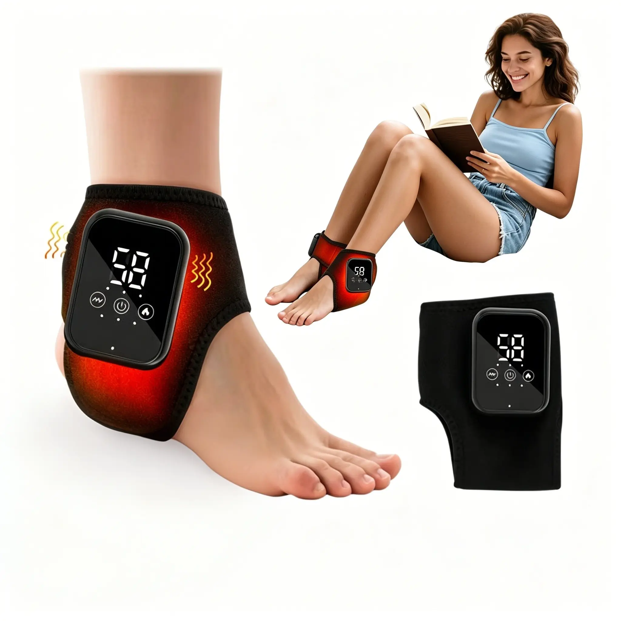Wireless Heated Vibration Ankle Massager, Rechargeable Portable Lightweight Ankle Wrap, 3 Heating Levels, Relief Fatigue, Home & Travel Use