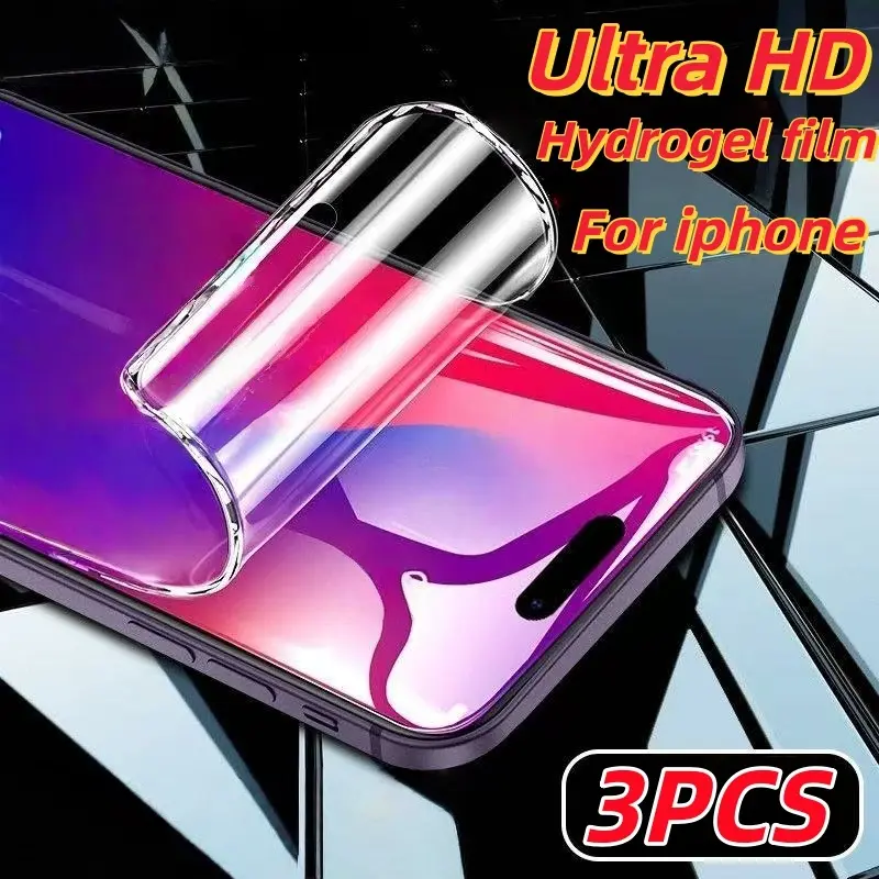 3PCS Ultra-clear hydrogel screen protector for iPhone 17/17 Pro/17 Air/17 Pro Max/16/16Pro/16plus/16Pro max/15/15Plus/15Pro/15ProMax/14/14Plus/14Pro/14ProMax/13/13Pro/13ProMax/iPhone 12/12Pro/12ProMax, full screen coverage, anti-fingerprint soft film, smo