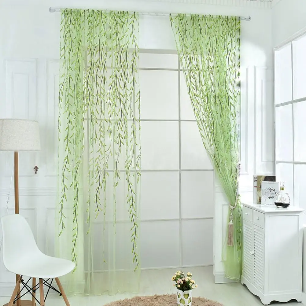 2 count Willow Window Curtain Voile Tulle Room Salix Leaf Sheer Gauze Panel Drapes Green Color for Living Room, Bedroom, Balcony