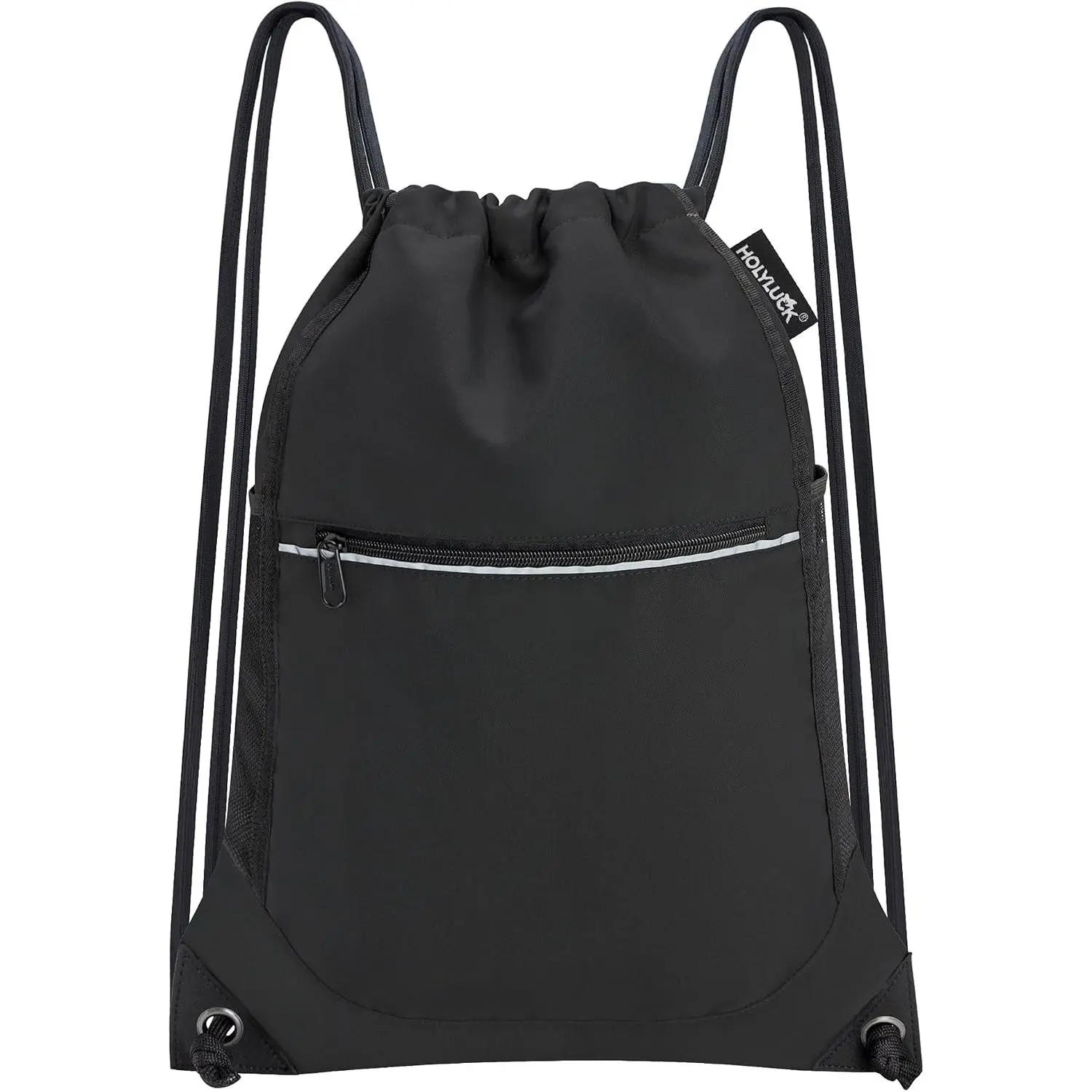Drawstring Backpack Small Gym Bag with Mesh Pockets String Bag Backpack for Men Women, Black