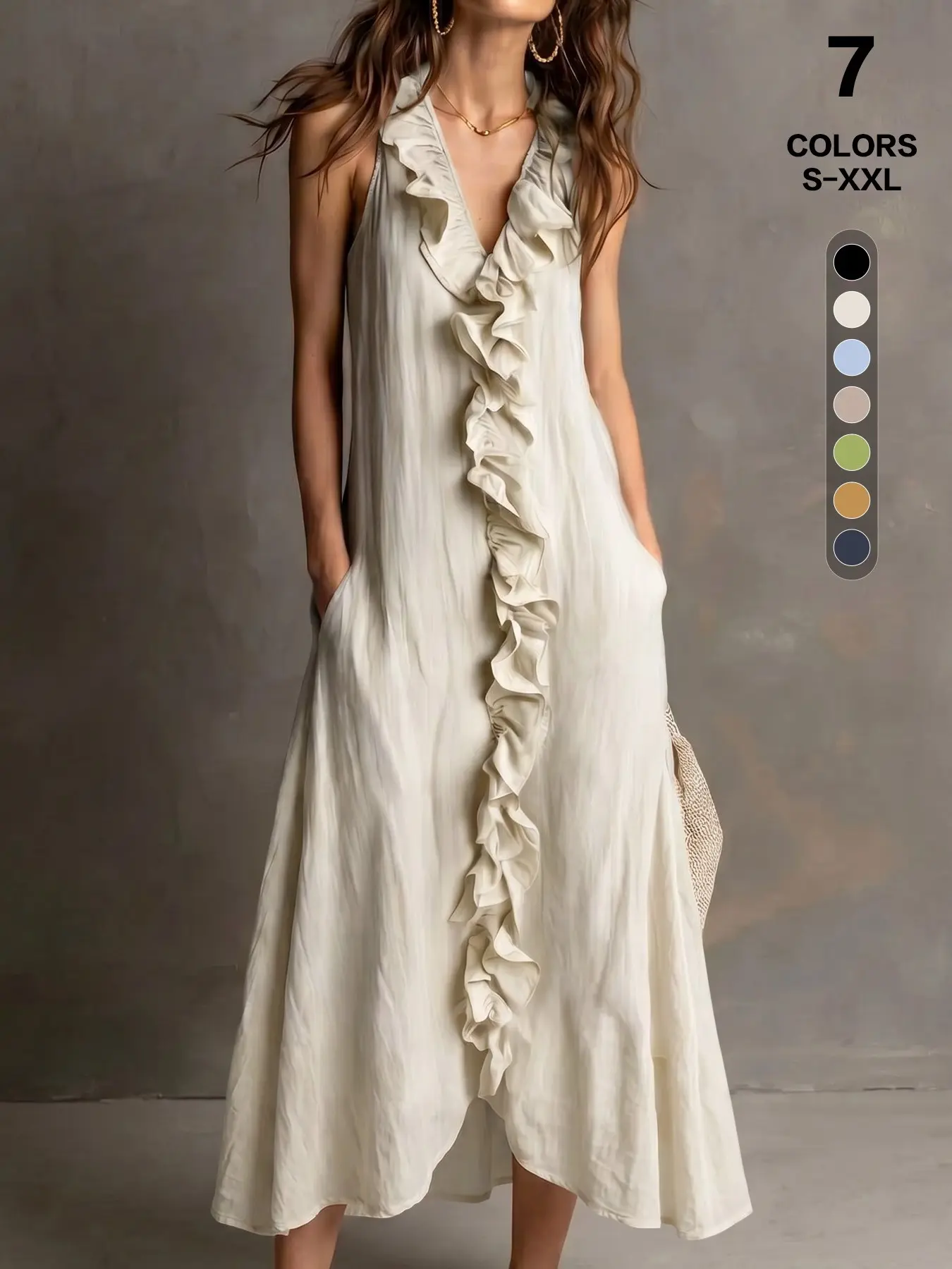 Women Halter Neck Sleeveless Maxi Dress with Ruffle Split and Side Pockets, Loose Flowy Textured Fabric, Summer Casual Wear House Dress