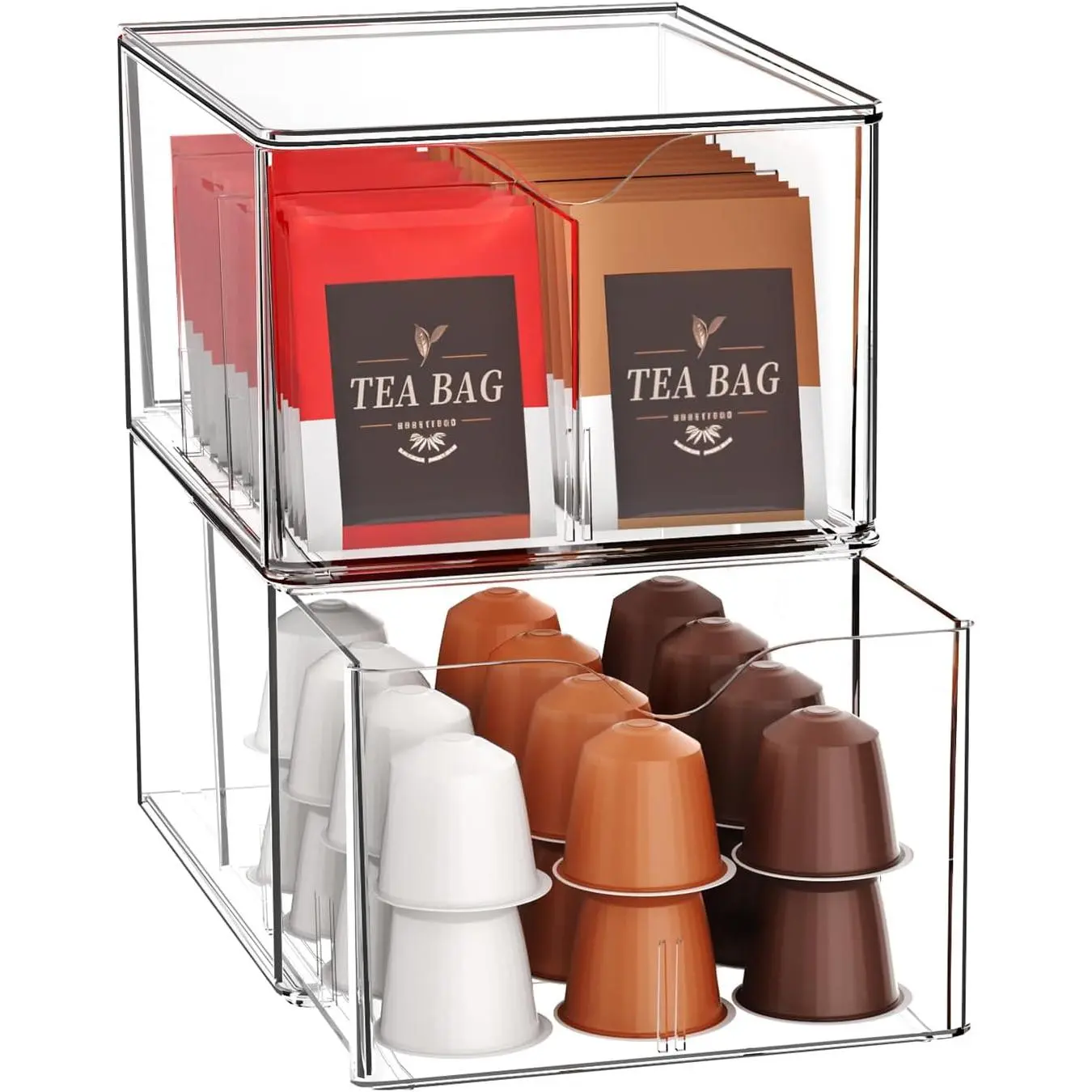 2 Pack Clear  Bag Organizers with Adjustable Dividers, Stackable  Drawer Organizer Box for Pantry, Coffee Bar, Kitchen Cabinet,   Storage Bins for Snacks, Sugar &  Packets